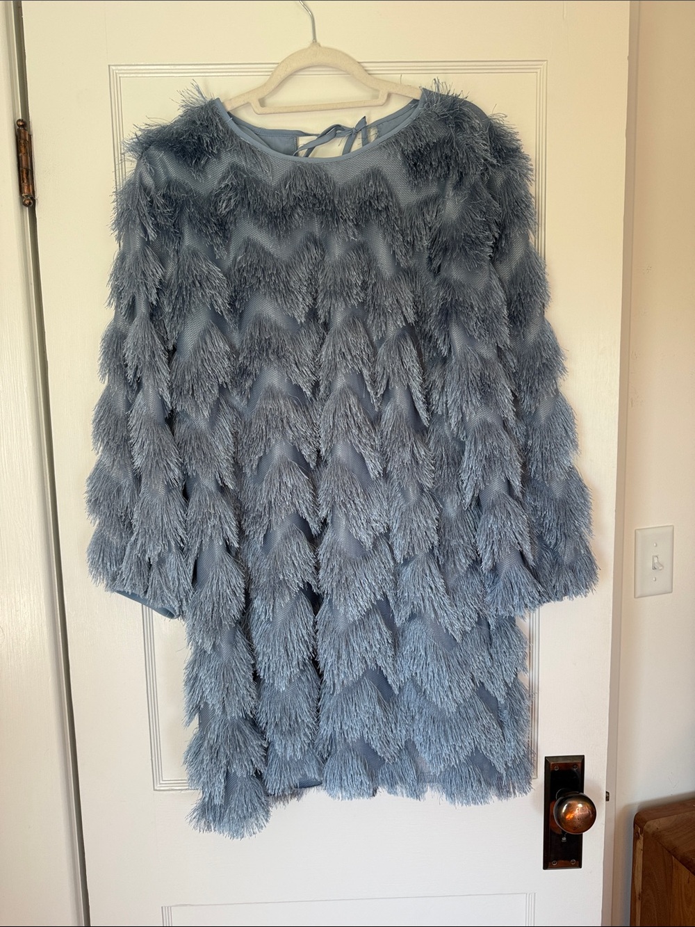 Hutch Mini Dress in Steel Blue Feather Trim